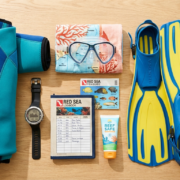 Scuba diving gear packing flat lay