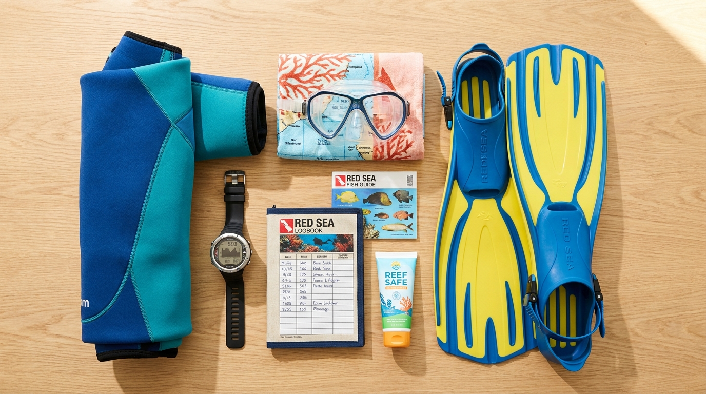 Scuba diving gear packing flat lay
